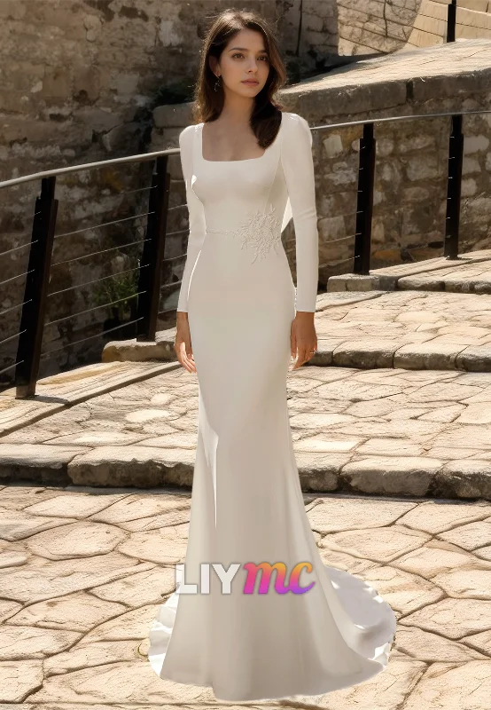 Square Long Sleeves Sleek Mermaid Simple Wedding Dress