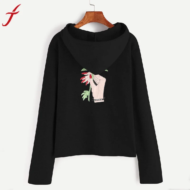 Women Hoodie Sweatshirt Basic Black Flower Printing Sweatshirt Jumper Long Sleeve Crop harajuku Pullover hoodie Tops