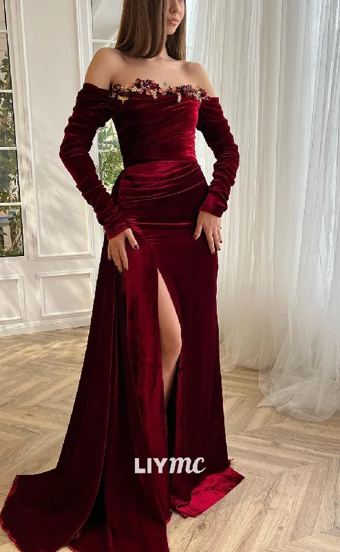 LP2191 - Off-Shoulder Long Sleeves Sheath High Slit Prom Dress