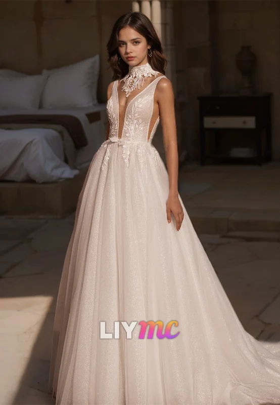 V-Neck Sleeveless Appliques A-Line Ball Gown Wedding Dress