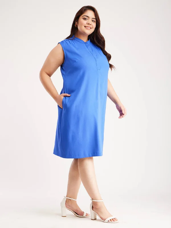 Mandarin Collar Sleeveless Dress - Blue