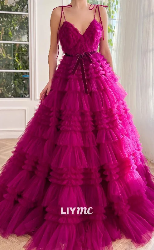 LP2106 - V-Neck Spaghetti Straps Sleeveless Tiered A-Line Ball Gown Prom Dress