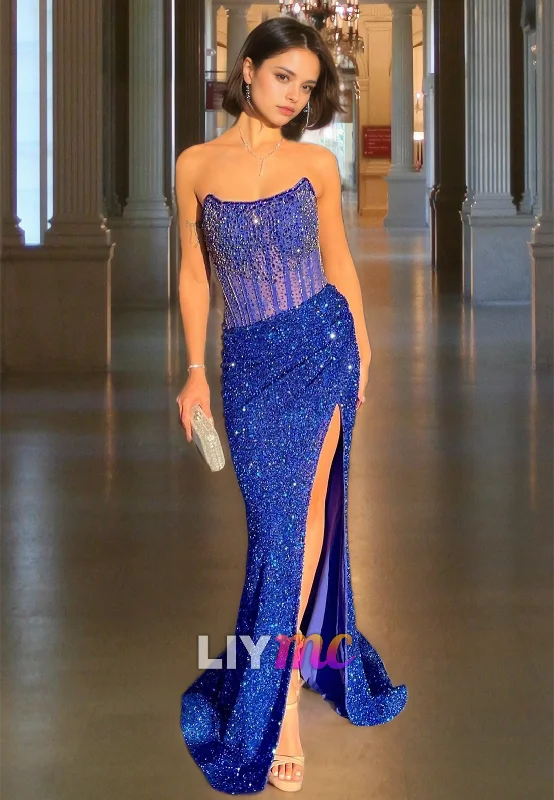 LP2063 - Scoop Strapless Appliques Sequins High Slit Sparkly Prom Dress