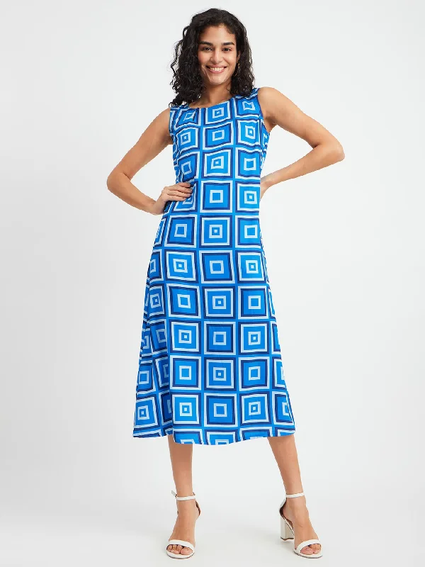 Boat Neck A-Line Dress - Blue And Black