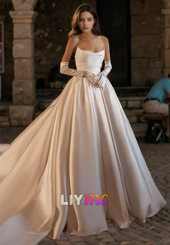 Off-Shoulder Sleeveless Pleated Sarin A-Line Classic Wedding Dress