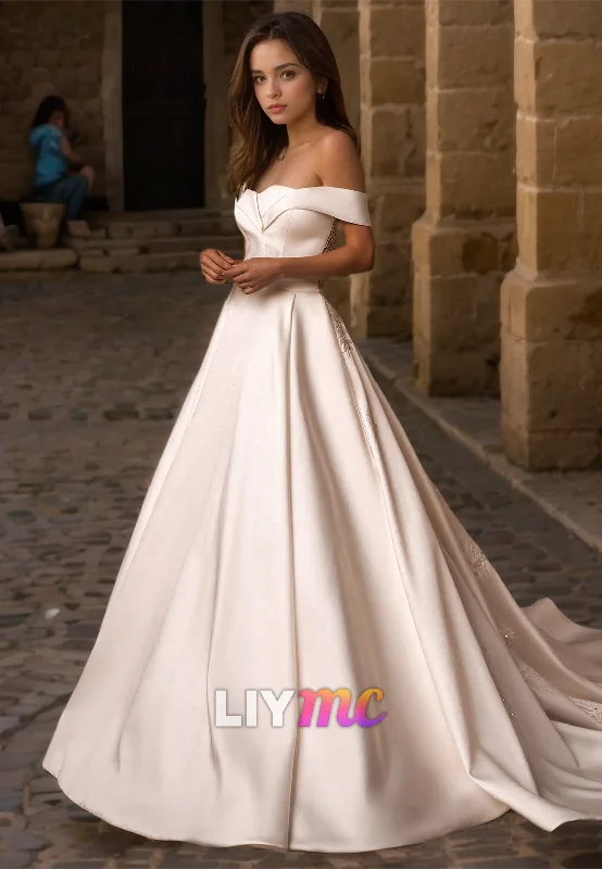 Off-Shoulder Strapless Pleated Sleek Satin A-Line Classic Wedding Dress