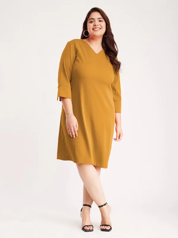 Shift Dress With Attached Belt - Mustard