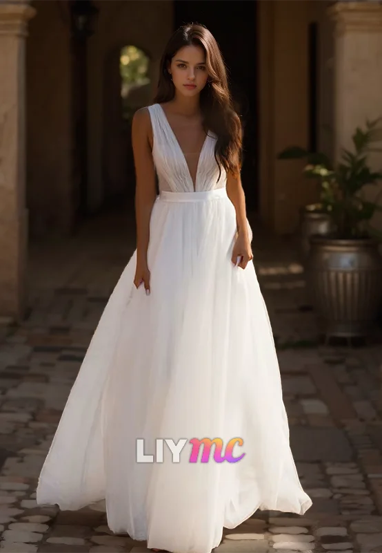 V-Neck Sleeveless Tulle Pleated A-Line Beach Wedding Dress