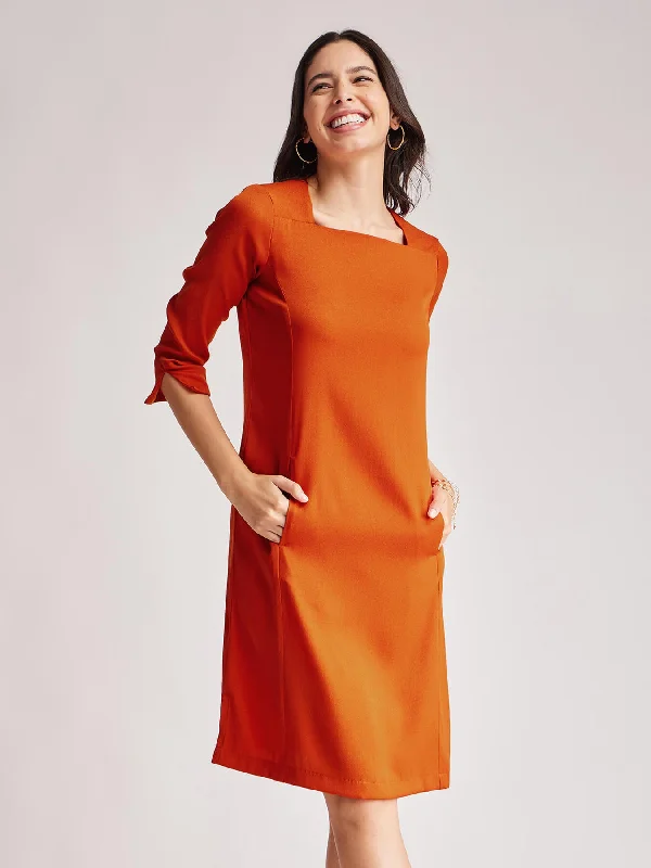 Square Neck Detail Dress - Rust