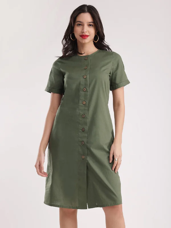 Linen Shirt Dress - Olive