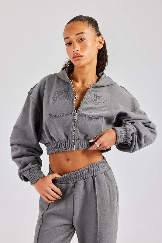 Cropped Exposed Seam  Zip Through Hoodie - Charcoal