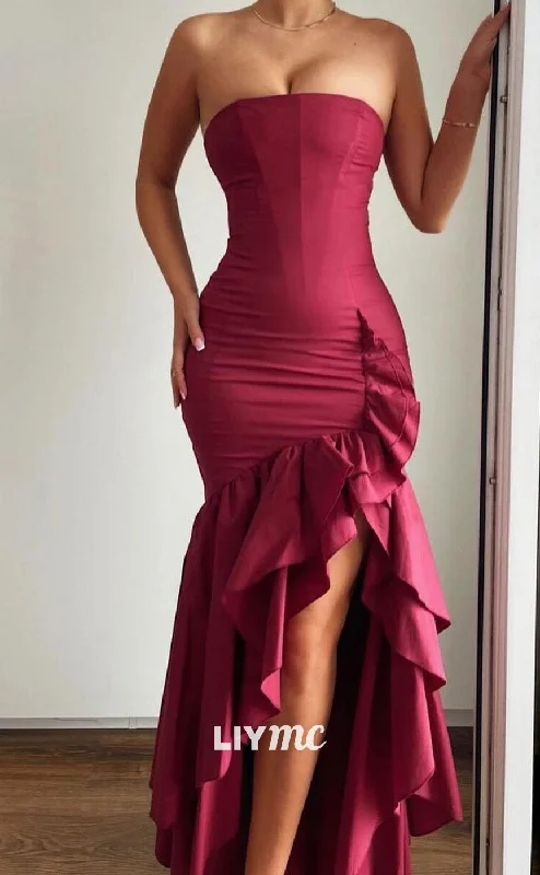 LP2085 - Straight Across Sleeveless Ruffled Fitted Sleek Stin Sexy Prom Dress