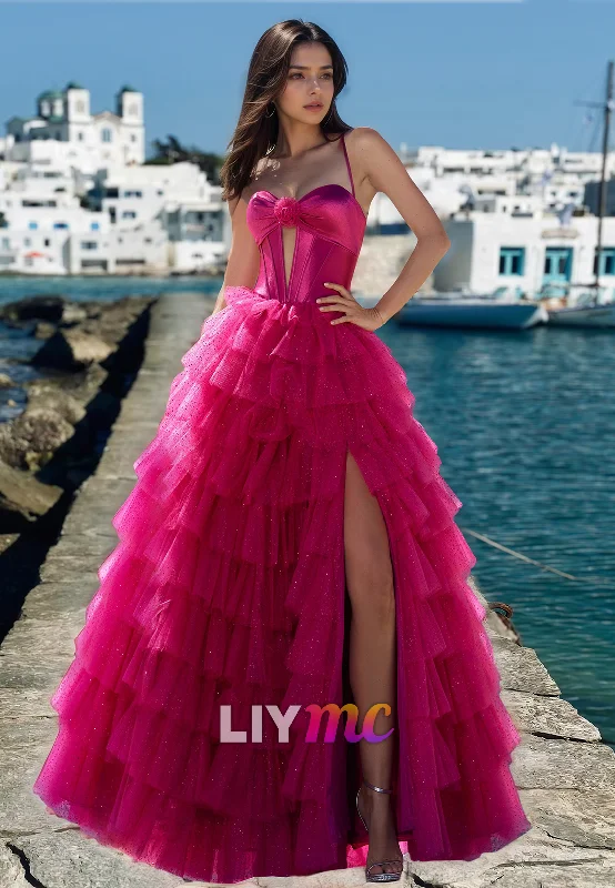 Sweetheart Sleeveless Illusion Tiered Tulle Ball Gown A-Line Prom Dress