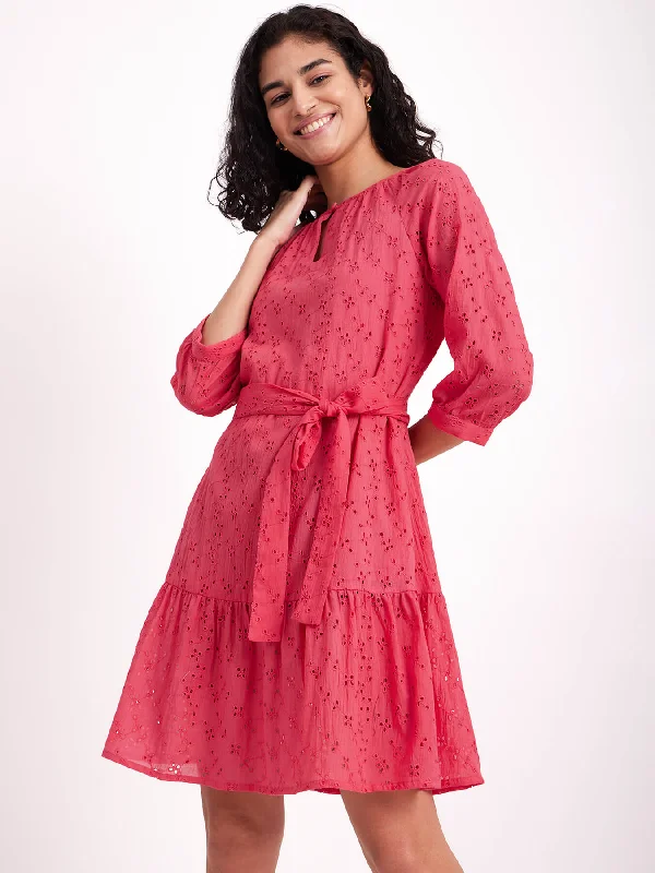 Cotton Schiffli Tiered Dress - Pink