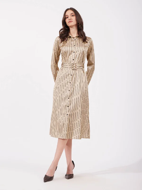 Satin A-line Shirt Dress - Beige And Black