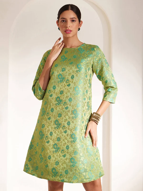 Brocade Boat Neck Shift Dress - Green And Gold