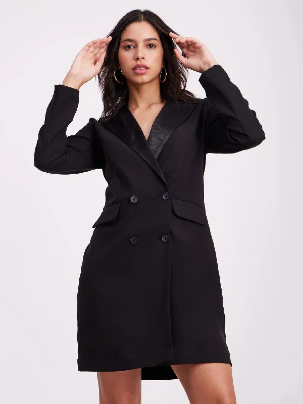 Satin Collar Blazer Dress - Black