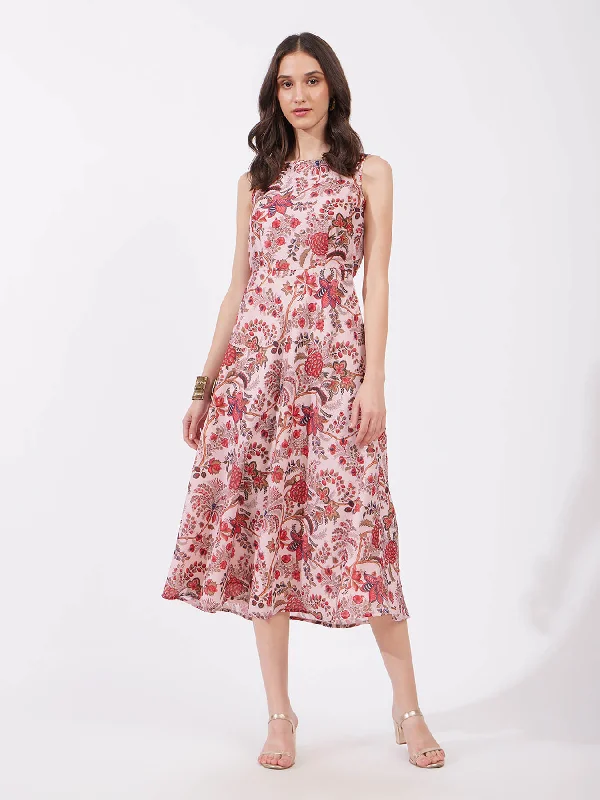 Chanderi Floral Boat Neck Dress - Red