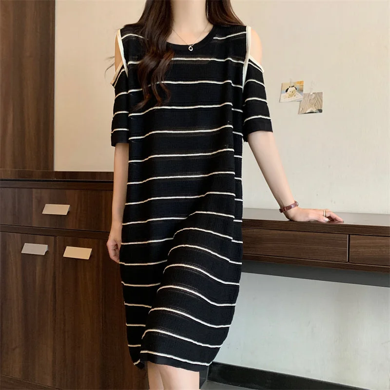 Plus Size Korean Knit Stripes Off Shoulder Dress