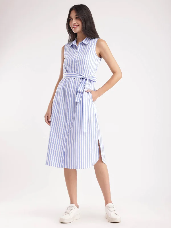 Cotton Striped Dress - Blue And White