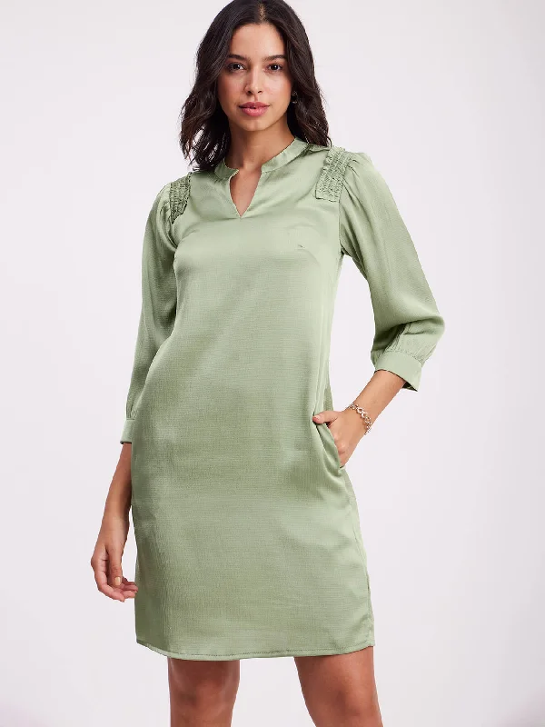 Satin Round Neck Dress - Sap Green