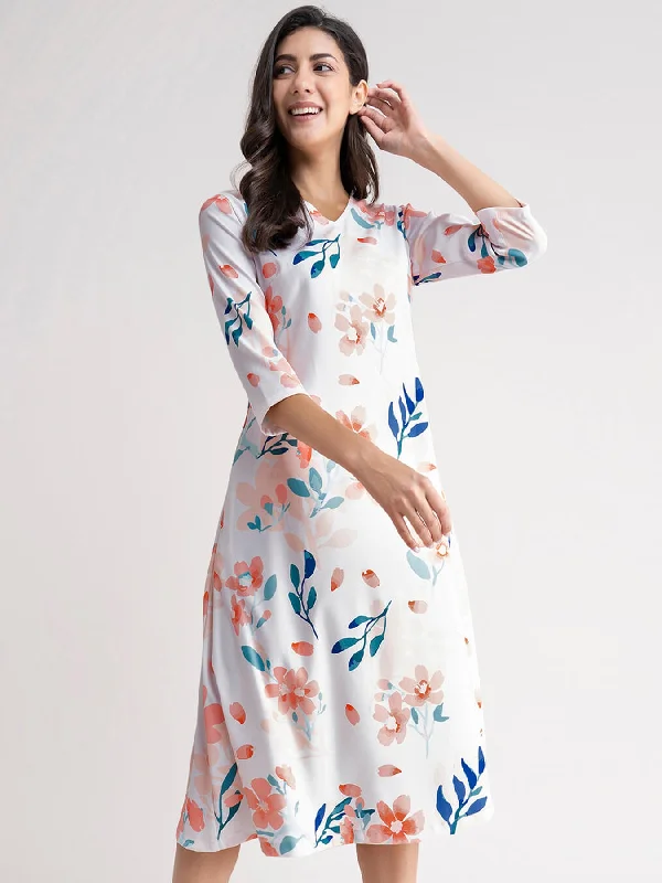 Floral A Line Dress - White