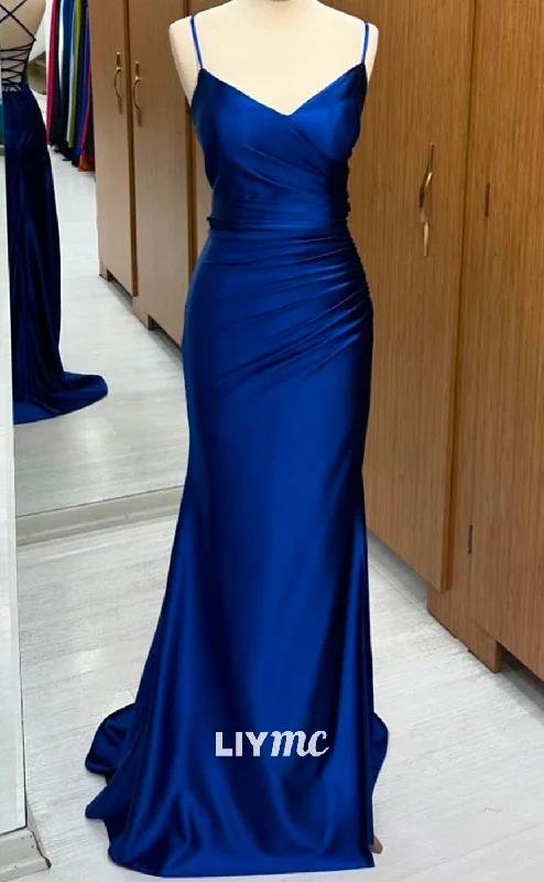 LP2256 - V-Neck Spaghetti Straps Pleated Sleek Satin Sheath Cocktail Dress Prom Dress