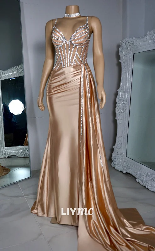 LP2216 - V-Neck Sleeveless Beaded Ruched Mermaid Prom Dress