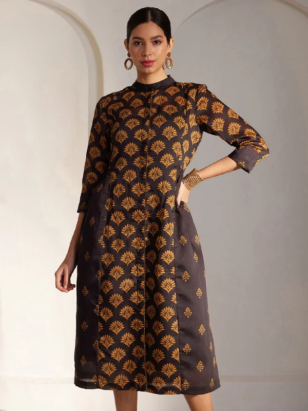 Chanderi Mandarin Collar Dress - Black And Mustard