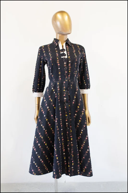 Vintage 1940s Black Printed Cotton Dress