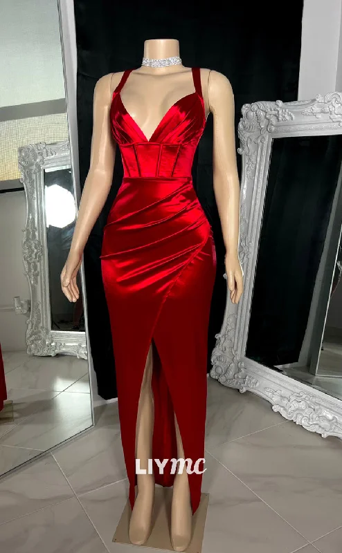 LP2229 - V-Neck Sleeveless Pleated Side Slit Sleek Satin Prom Dress