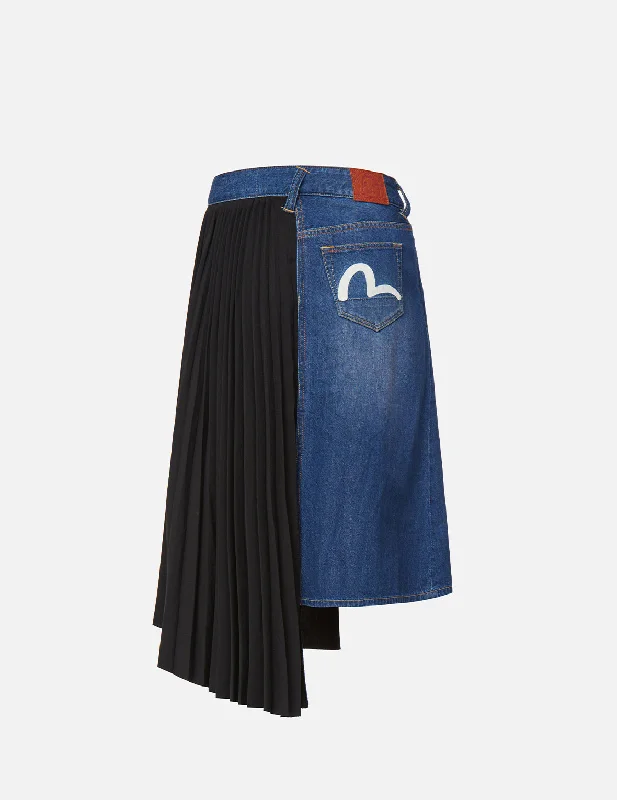 Reconstructed Denim Pleated Skirt