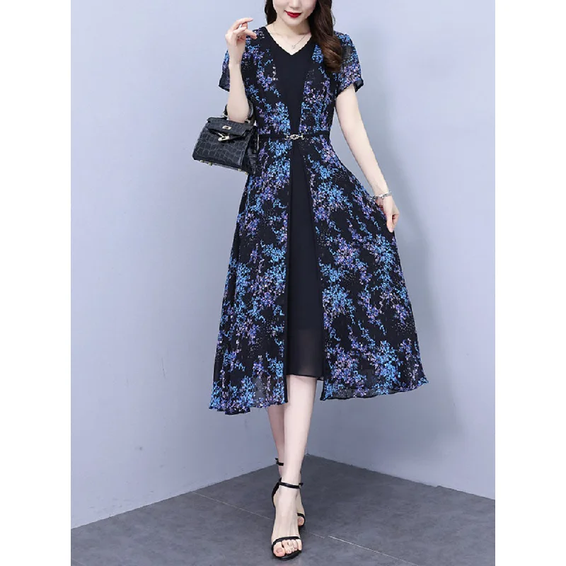 Plus Size Blue Floral Chiffon Layer Dress