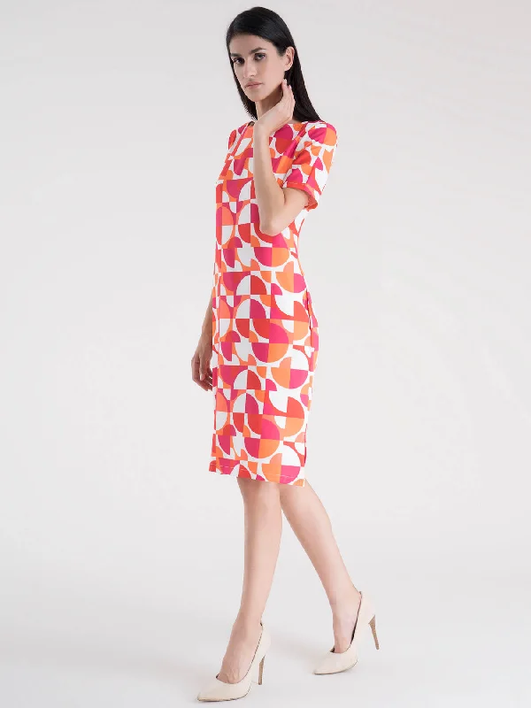 Abstract Print Shift Dress - Fuchsia and Orange