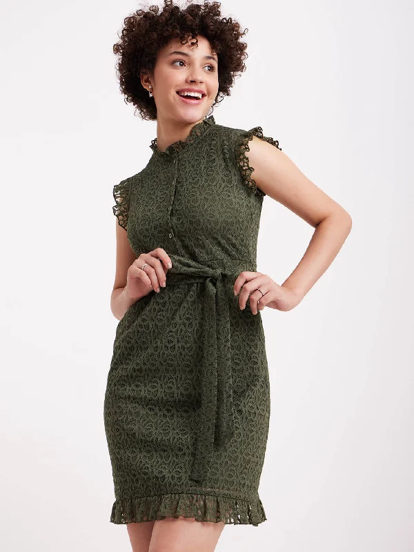 A-Line Ruffle Lace Dress - Olive