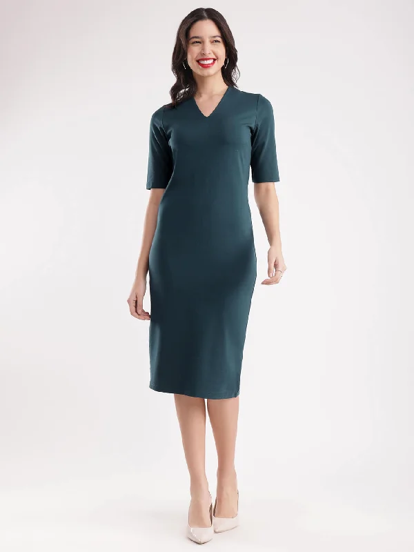 V-Neck Shift Dress - Bottle Green