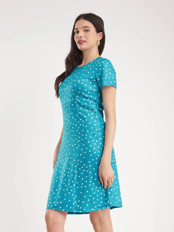 Polka Knitted Dress - Teal