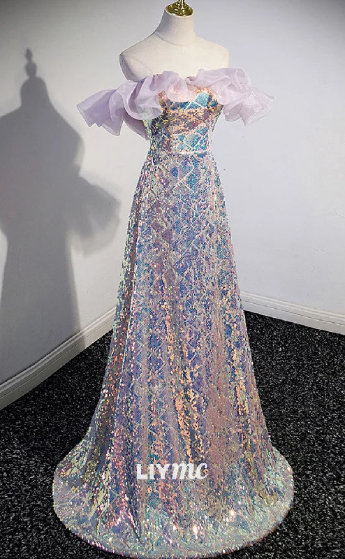 LP1886 - Unique Off Shoulder Sequin Long Prom Dress, Sequin Evening Dress