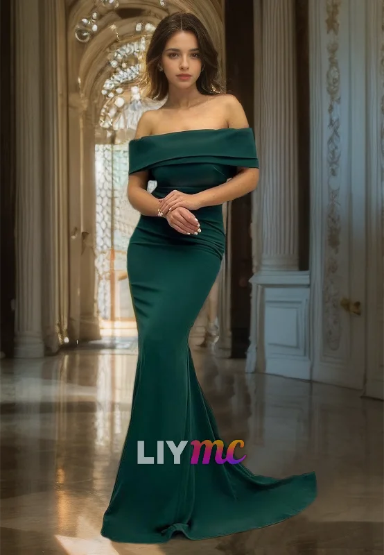 LP694 - Mermaid/Trumpet Off Shoulder Elastic Satin Long Semi Formal Dress