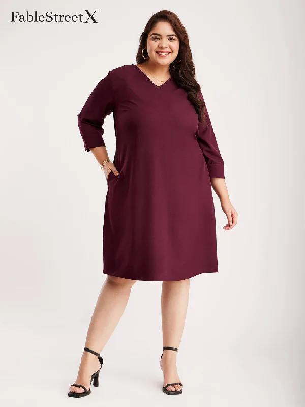 V Neck Shift Dress - Maroon