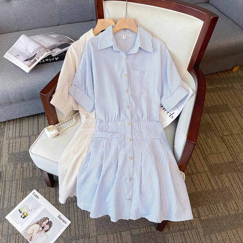 Plus Size Stripes Button Shirt Dress