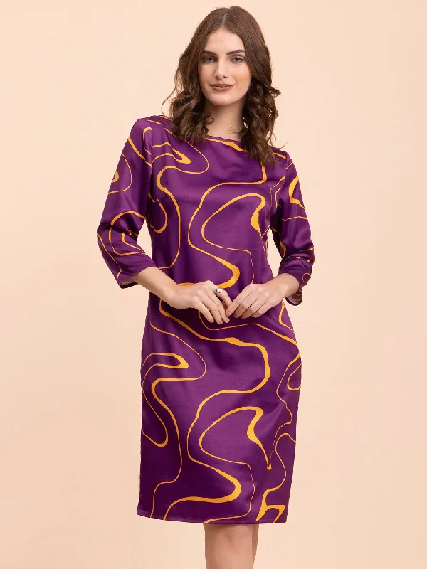 Satin Abstract Print Shift Dress - Purple and Yellow