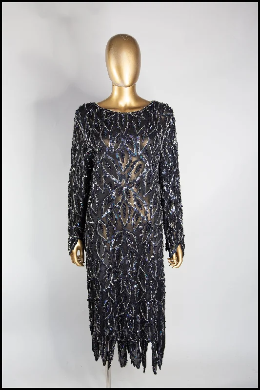 Vintage 1980s Black Beaded Silk Dress