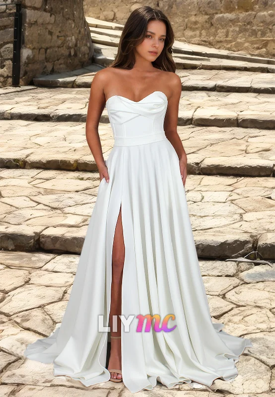 Sweetheart Strapless Pleated Sleek A-Line Simple Wedding Dress