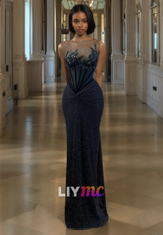 LP2178 - Asymmetrical Appliques Sequins Sparkly Fitted Mermaid Prom Dress