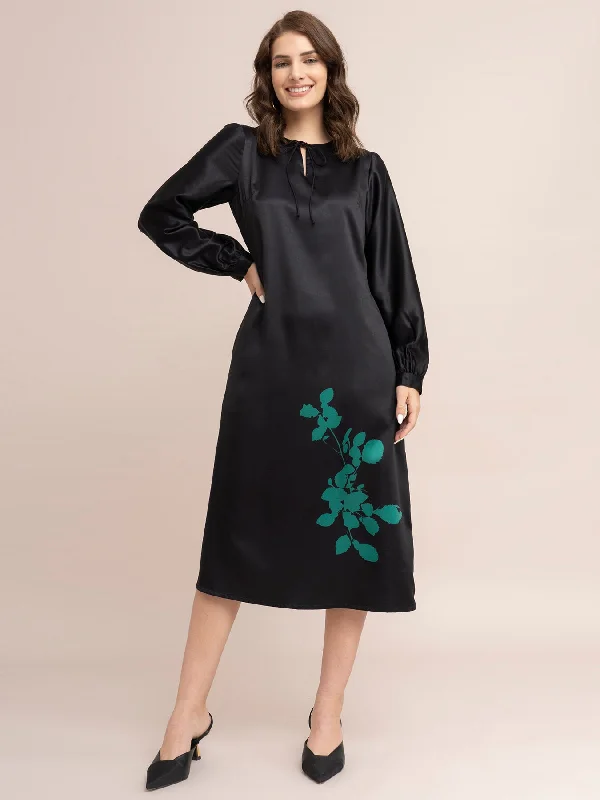 Satin Floral Print A-Line Dress - Black And Green