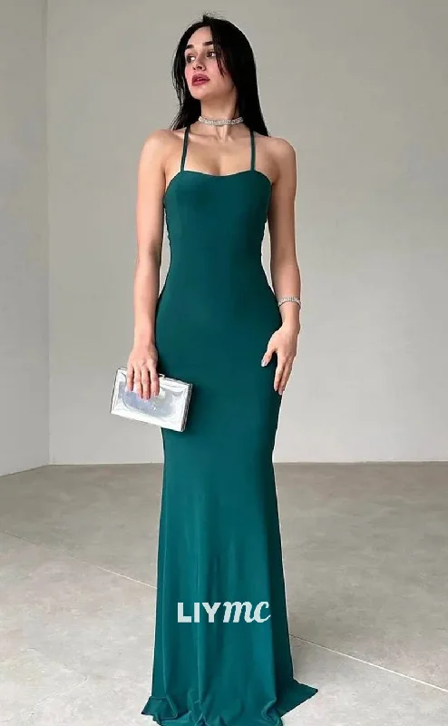 LP1965 - Simple Spaghetti Straps Lace-Up Sleek Satin Mermaid Prom Dress