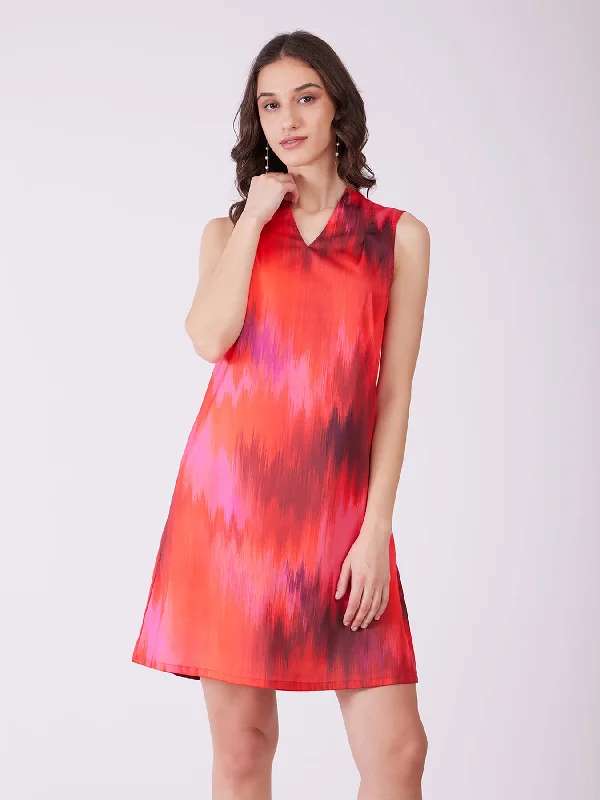 Stretch Satin Ombre Dress - Red And Pink