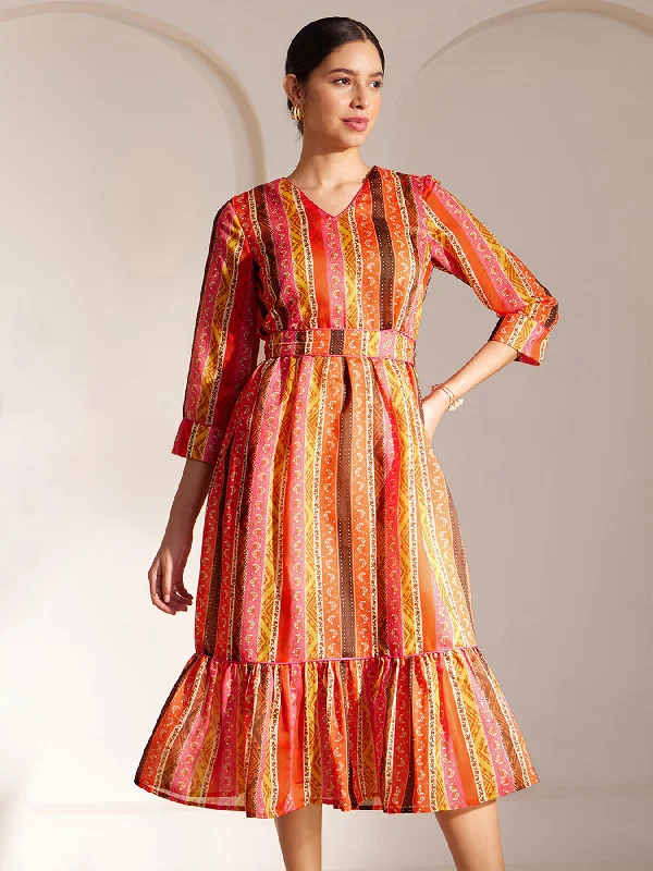 Chanderi Striped Tiered Dress - Multicolour