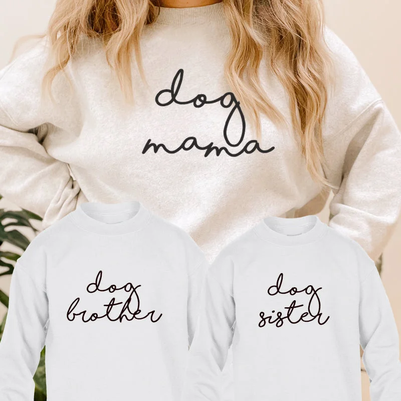 Dog Mama, Bro & Sis Retro Script Matching Sweatshirts